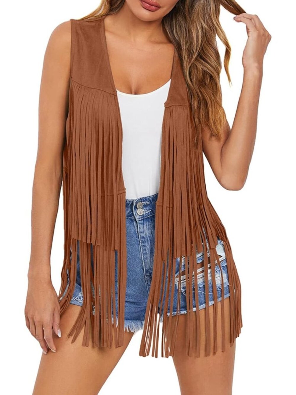 Women's Camel Fringe Vest 70s Hippie Costume Sleeveless Cowgirl Western Outfits